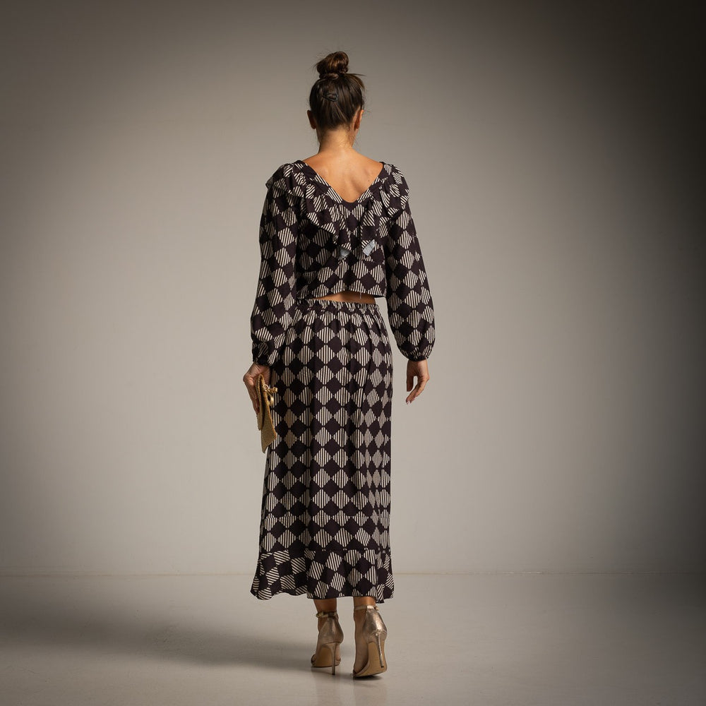 Back view of the Valentina printed two-piece set in Classic Black