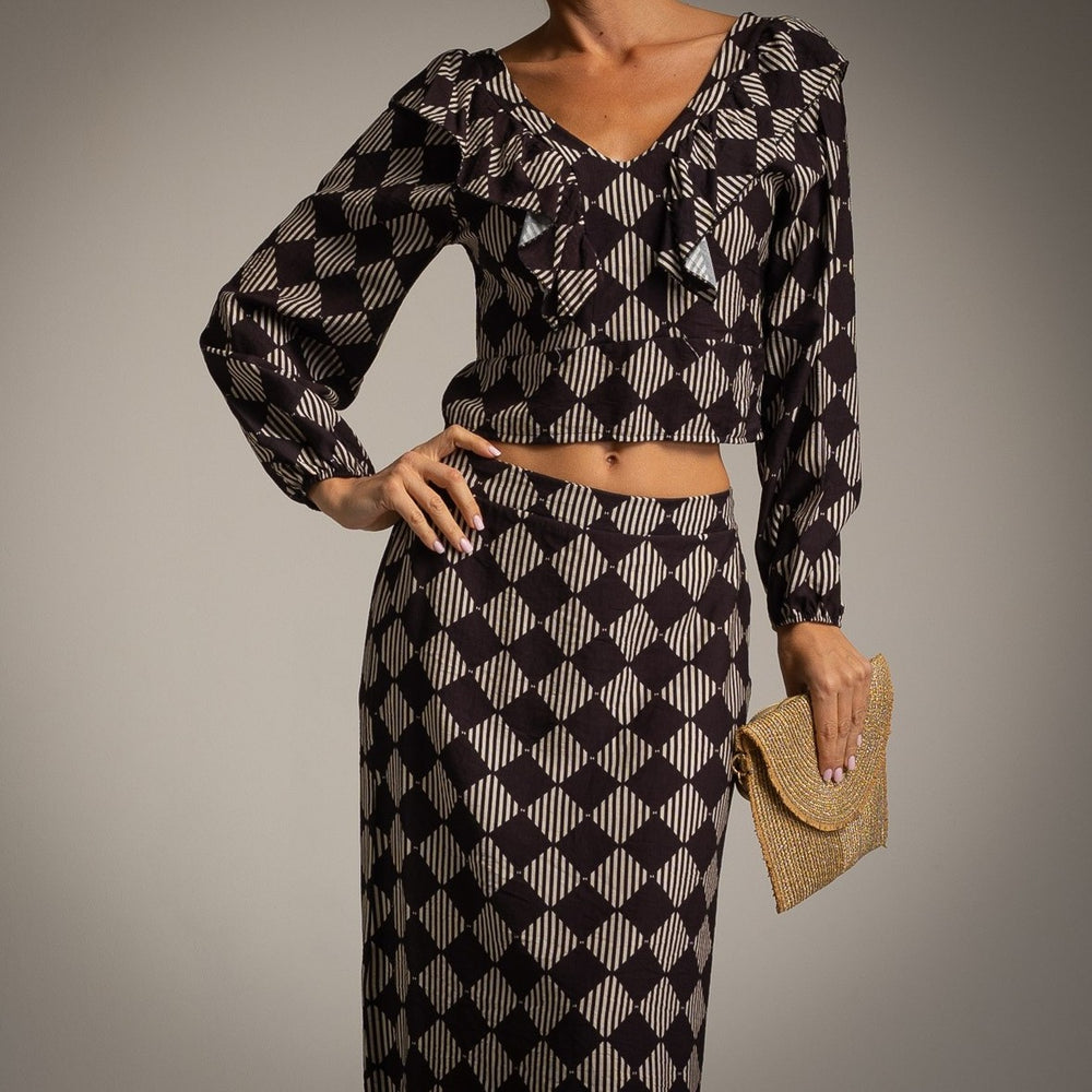 Valentina printed crop top and maxi skirt in Classic Black with geometric pattern