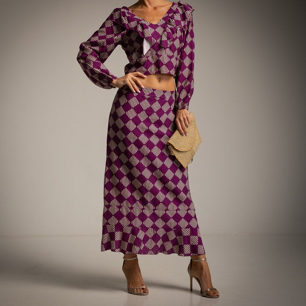 Valentina printed crop top and maxi skirt in Wild Berry with geometric pattern