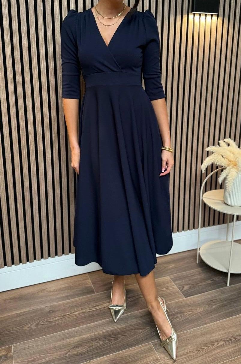 Midnight Blue wrap-front midi dress with defined waist and flared midi skirt - front view