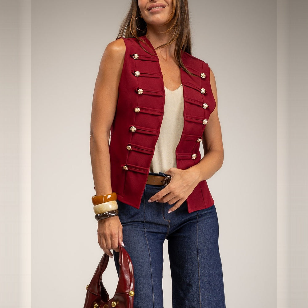 Burgundy sleeveless military braid vest with gold buttons - front view