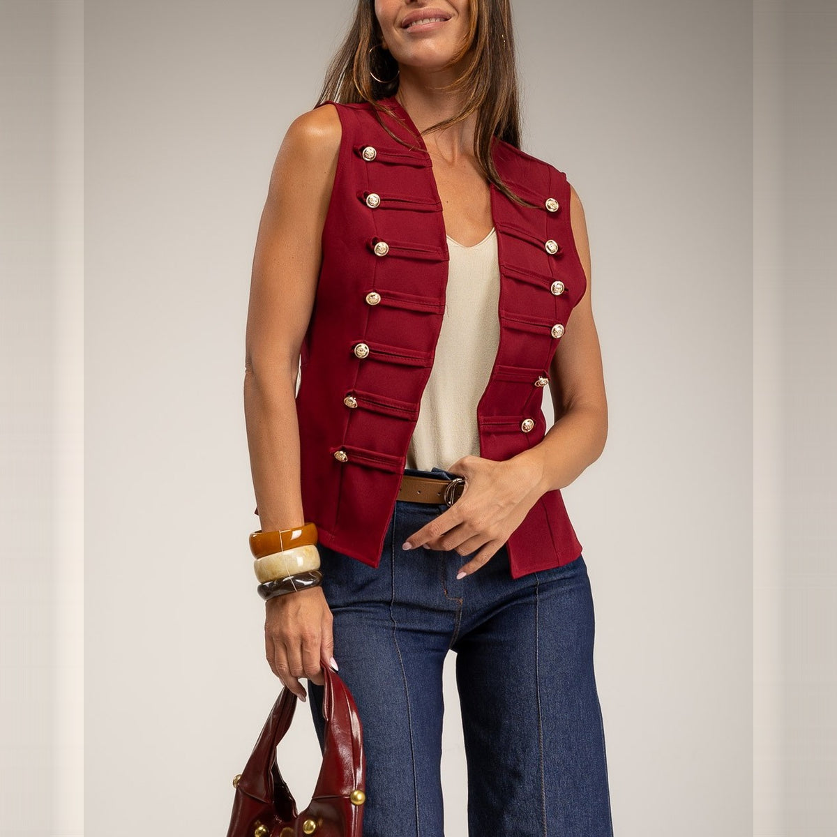 Burgundy sleeveless military braid vest with gold buttons - front view