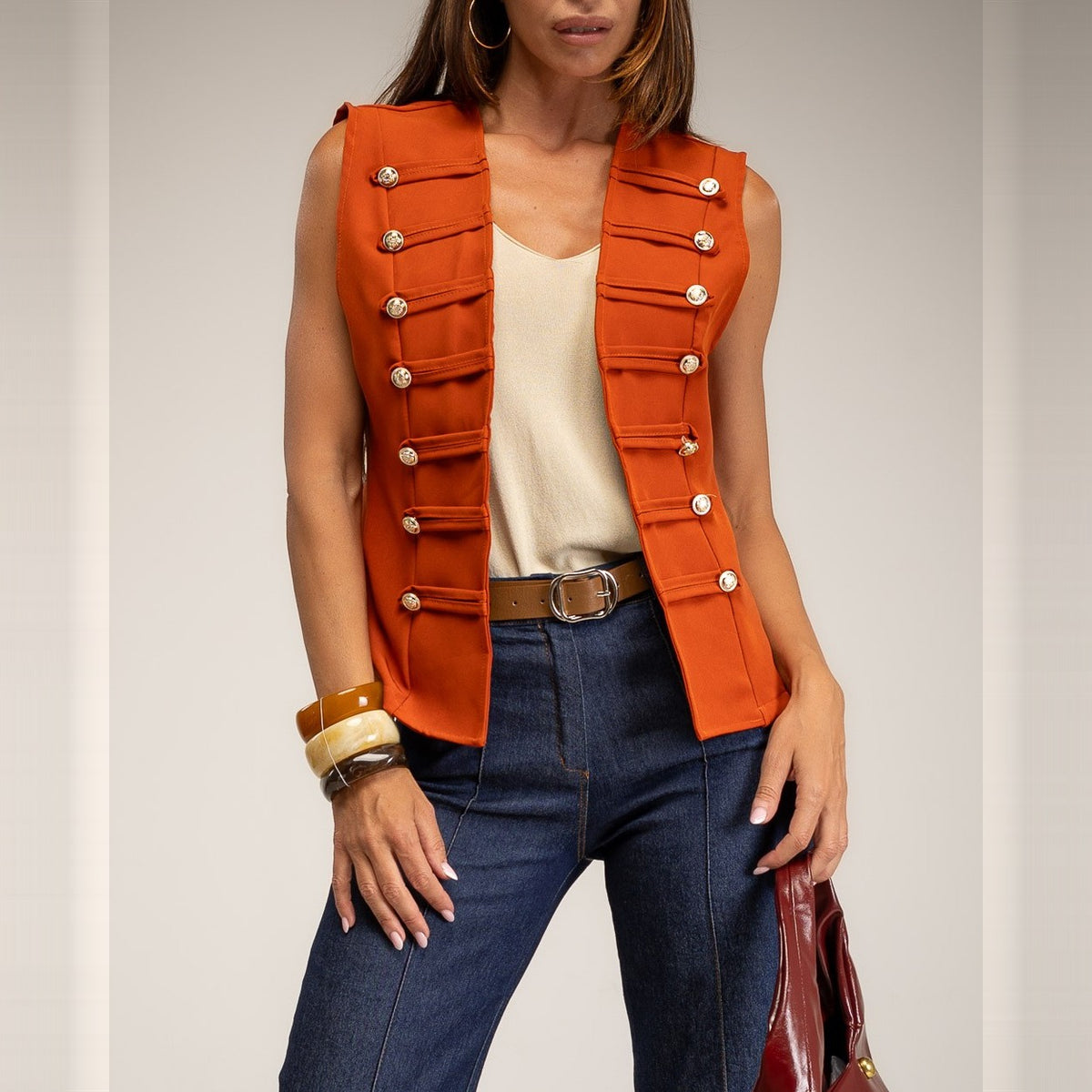 Teja sleeveless military braid vest with gold buttons - front view