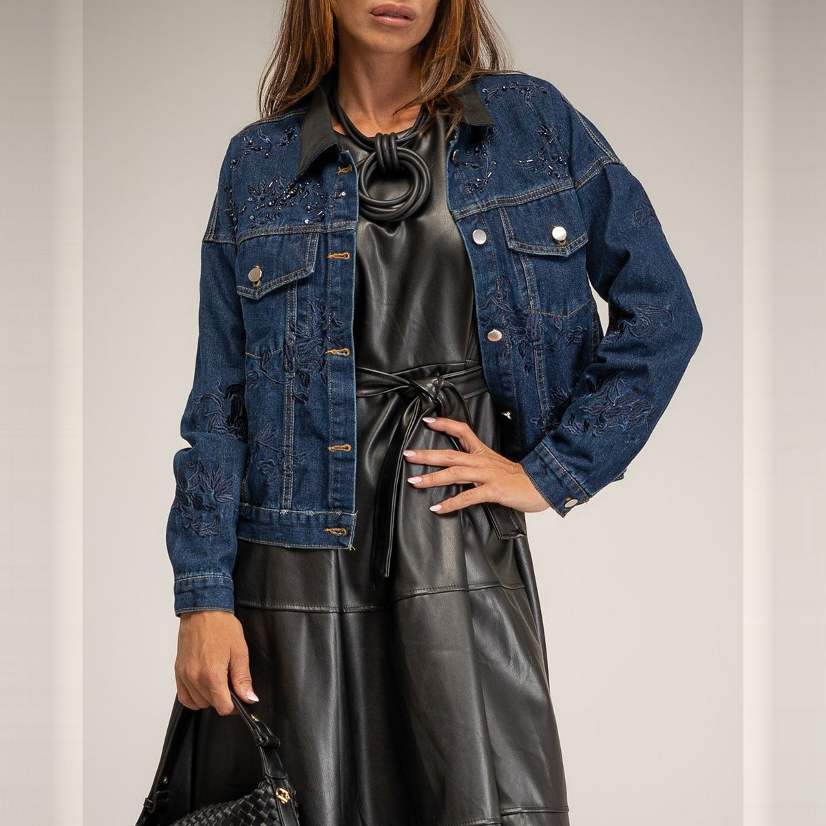 Indigo Denim embroidered denim jacket with rhinestone detail - front view