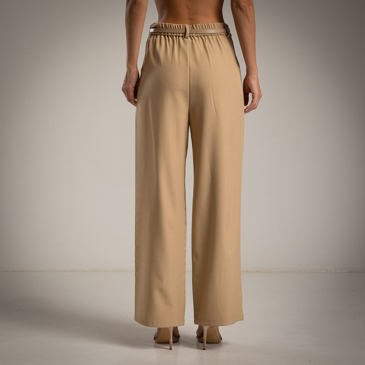 Warm Camel high-waist belted palazzo trousers with front pleats and wide legs - back view