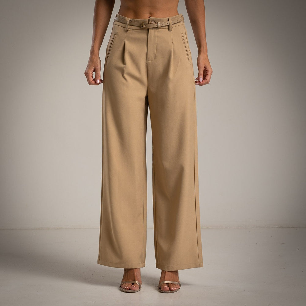 Warm Camel high-waist belted palazzo trousers with front pleats and wide legs - front view