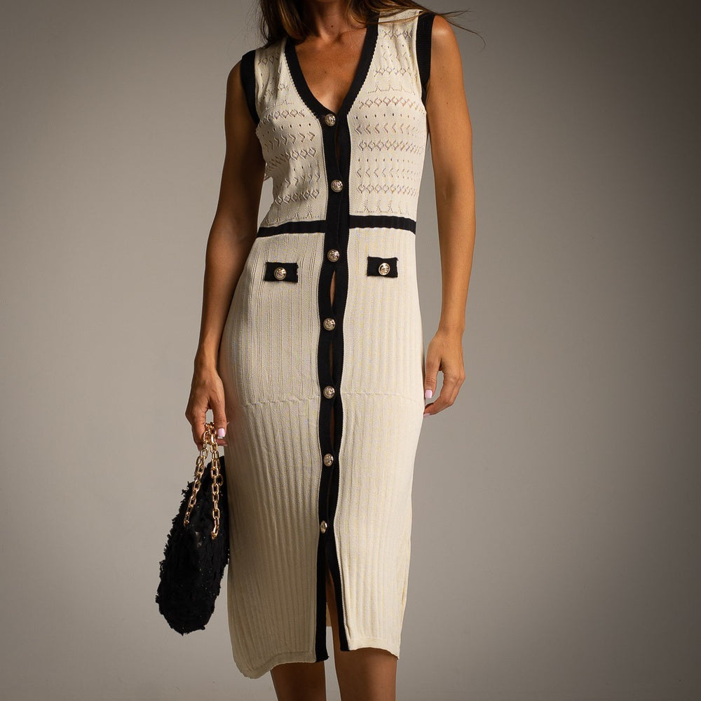 Vivienne knit midi dress in Ivory White with contrast trim and gold-tone buttons