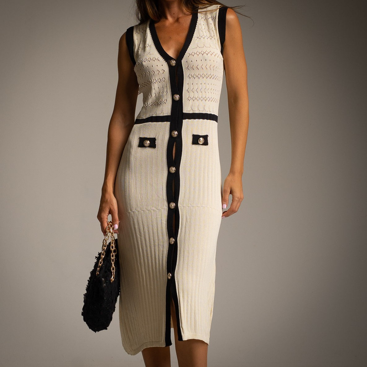 Vivienne knit midi dress in Ivory White with contrast trim and gold-tone buttons