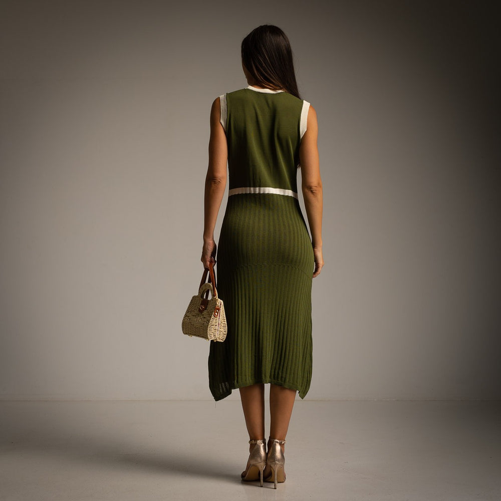 Back view of the Vivienne knit midi dress in Olive Grove