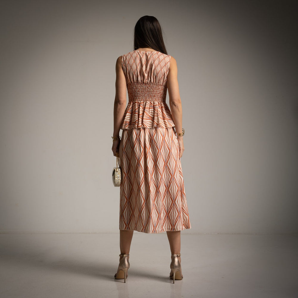 marigiou warm sunset bronze peplum midi dress back view