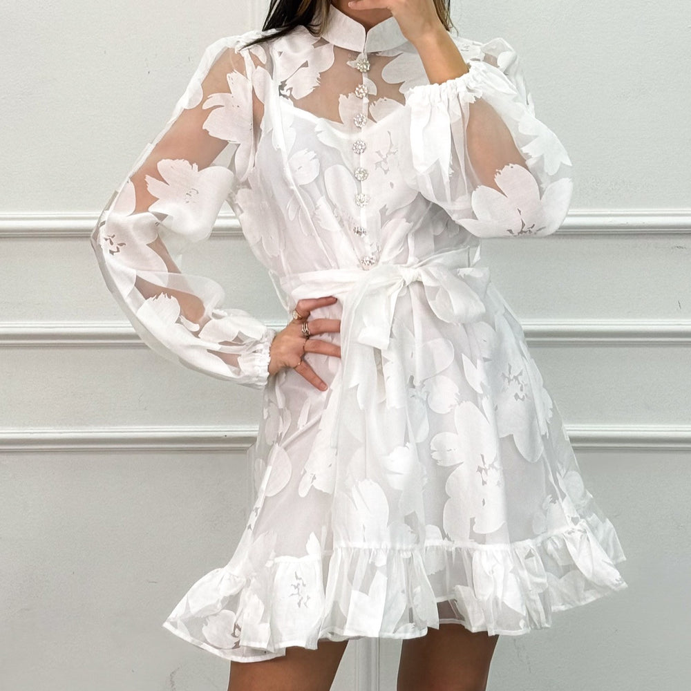 sheer floral mini dress Shop the Sophia Sheer Mini Dress in Magnolienne by Ala von Auersperg. A lightweight mesh layering Dress with A romantic ruffle hem and floral artwork
