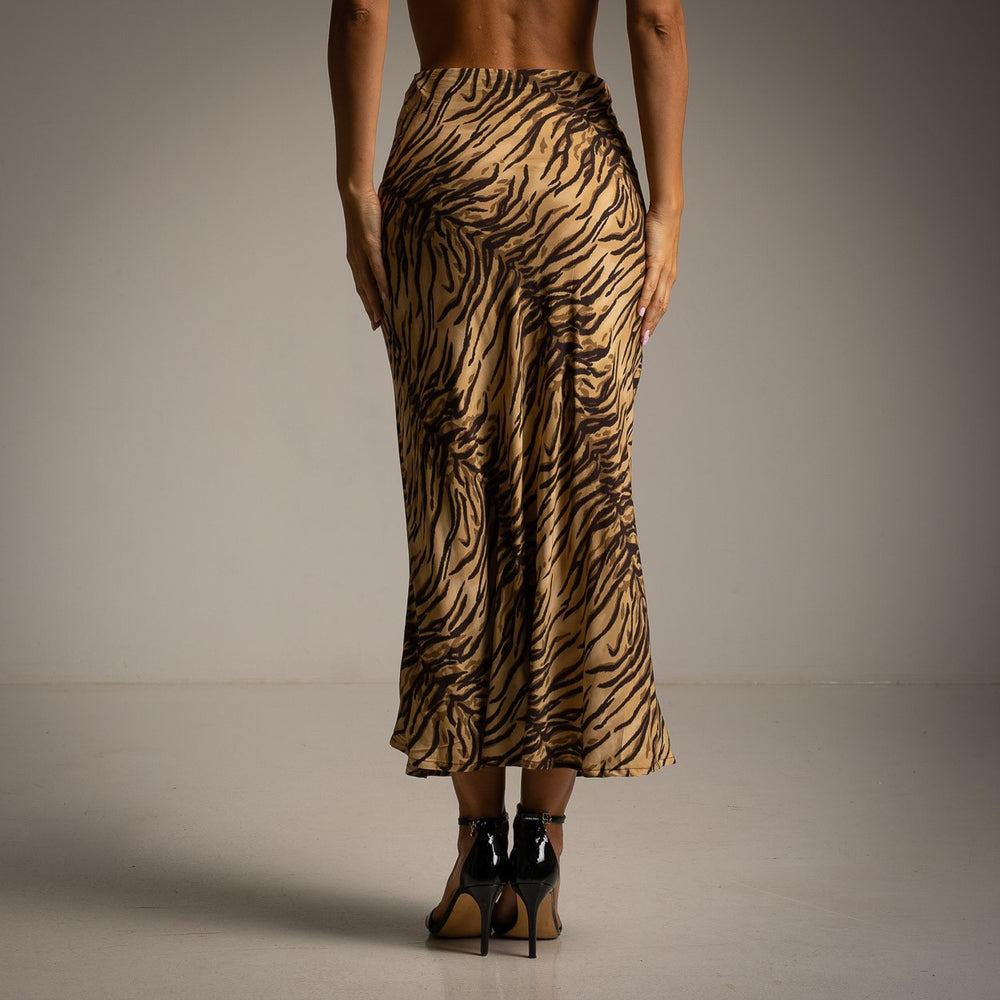 marigiou zebra print satin midi skirt beige back view