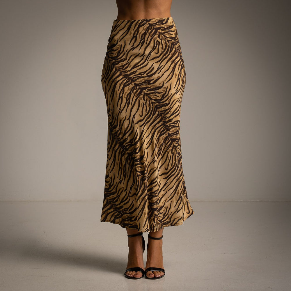 marigiou zebra print satin midi skirt beige front view
