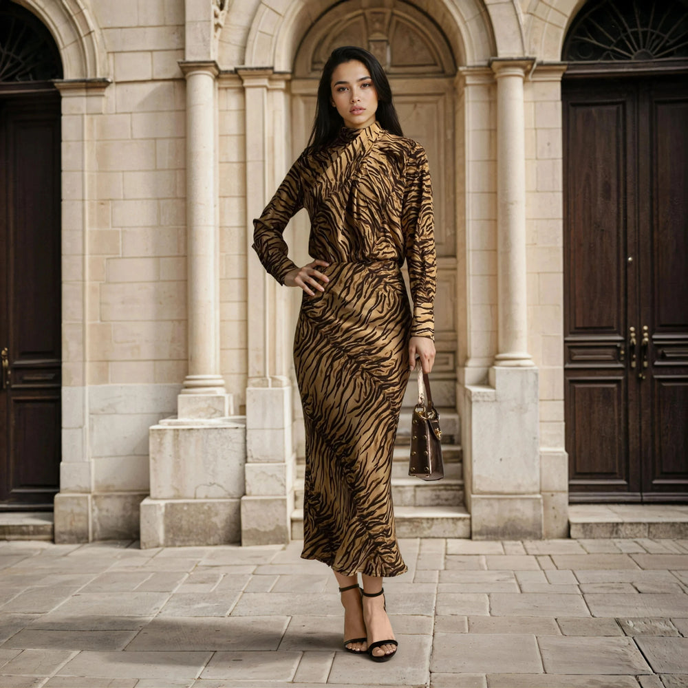 marigiou zebra print satin midi skirt beige outfit