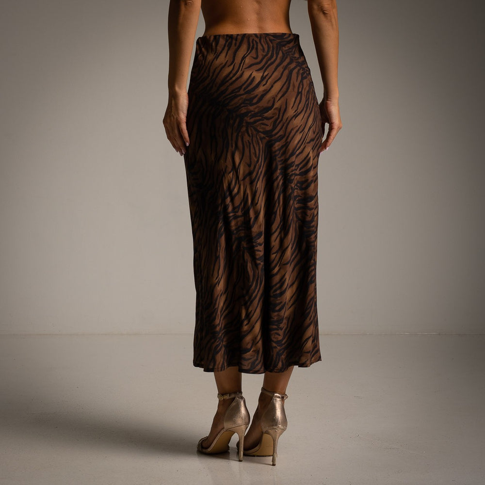 marigiou zebra print satin midi skirt chocolate back view