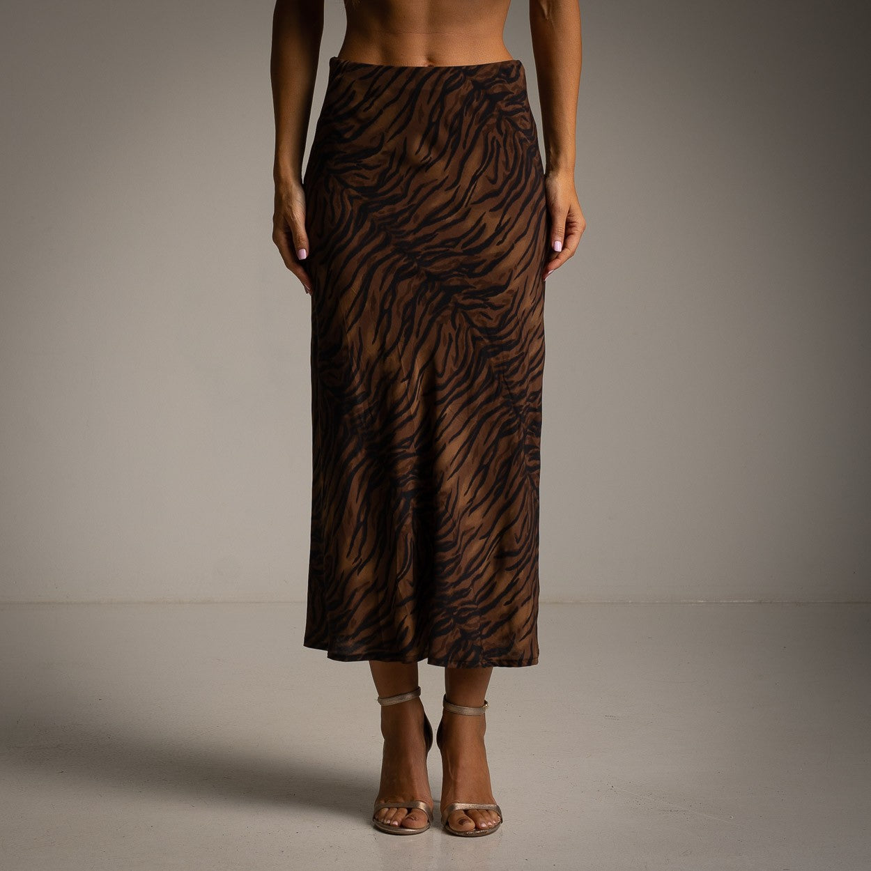 marigiou zebra print satin midi skirt chocolate front view
