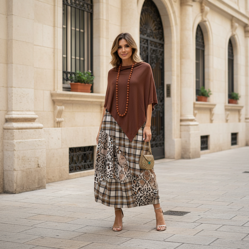 MARIΓIOÚ Asymmetric Knit Poncho in Brown styled with printed skirt – street look

Color: Emerald