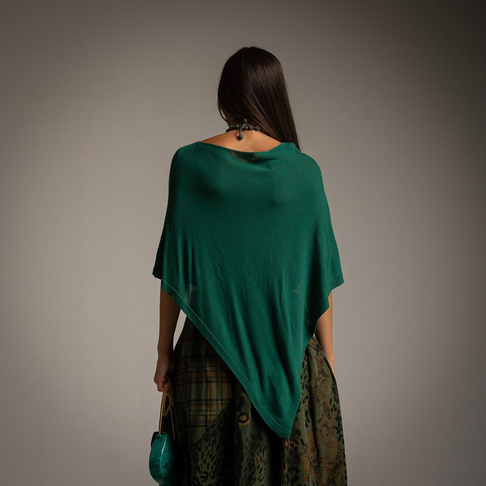 MARIΓIOÚ Asymmetric Knit Poncho in Emerald – back view