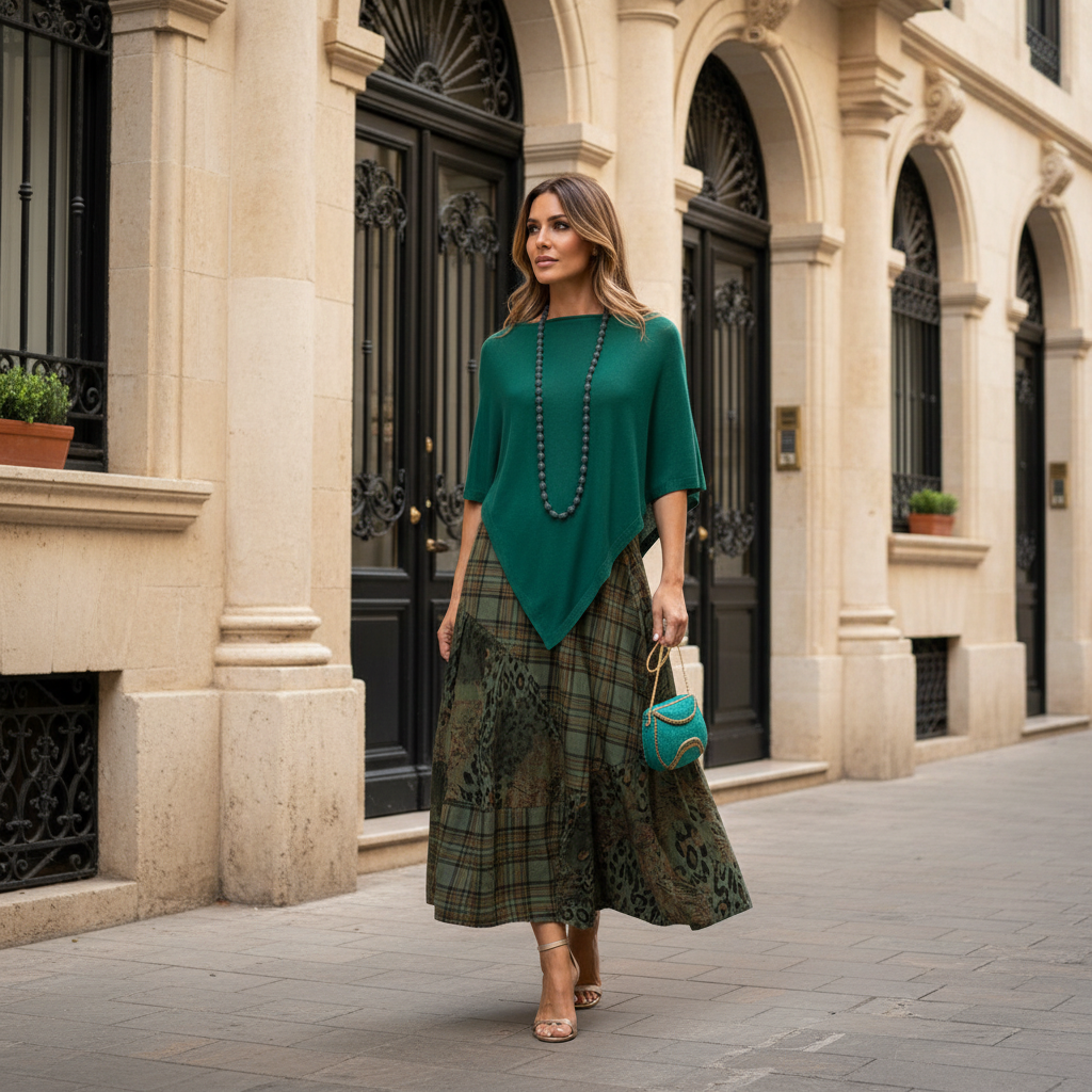 MARIΓIOÚ Asymmetric Knit Poncho in Emerald styled with green patterned skirt – street look