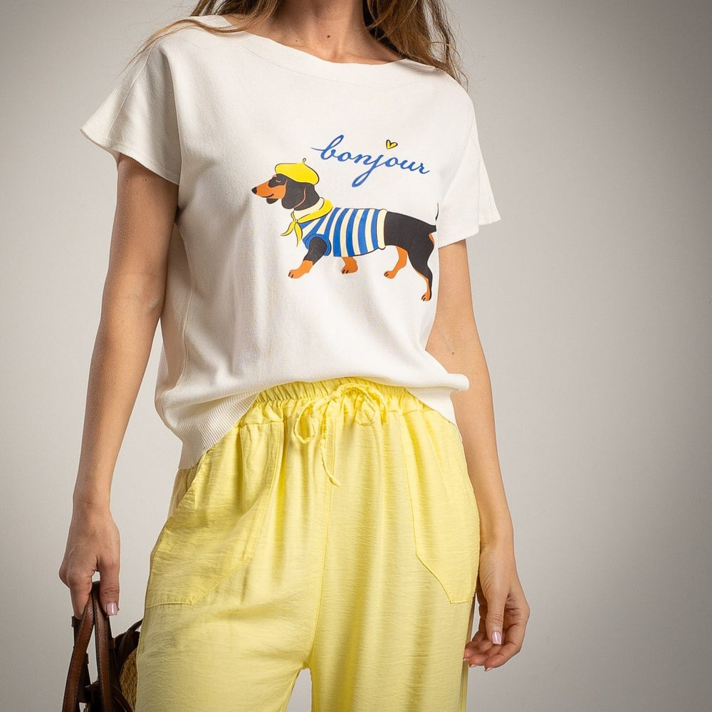 bonjour dachshund print knit t shirt ivory marigiou