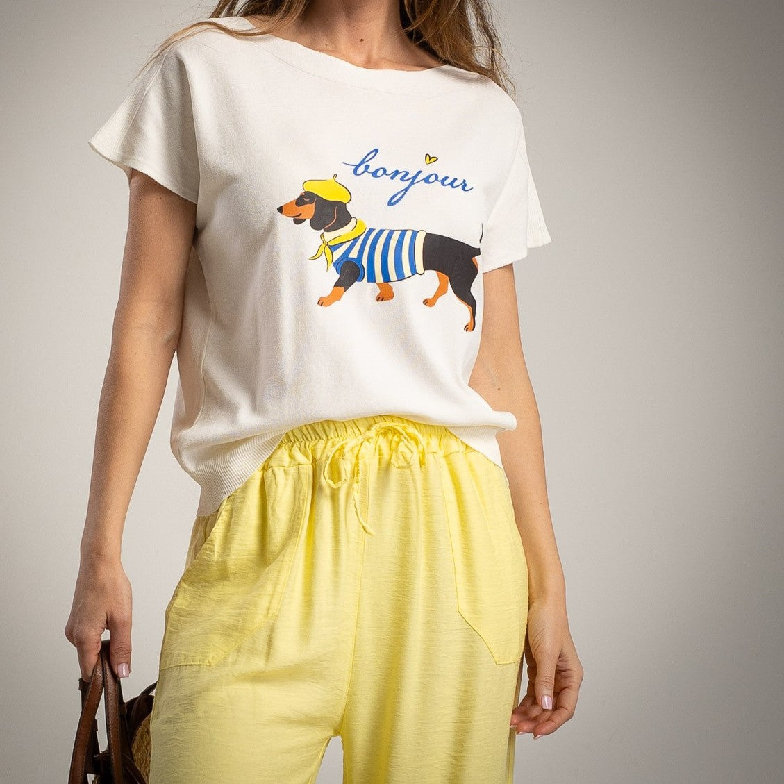 bonjour dachshund print knit t shirt ivory marigiou