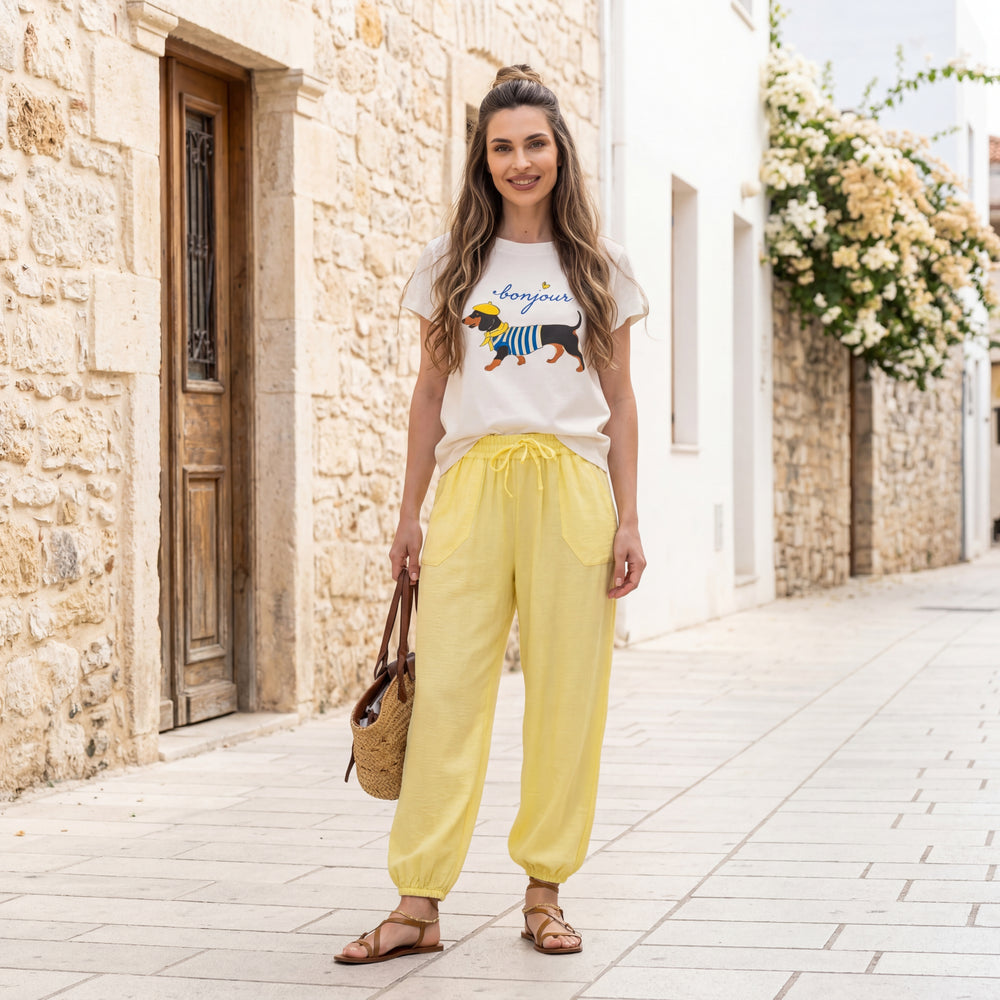 casual summer outfit bonjour dachshund t shirt ivory marigiou