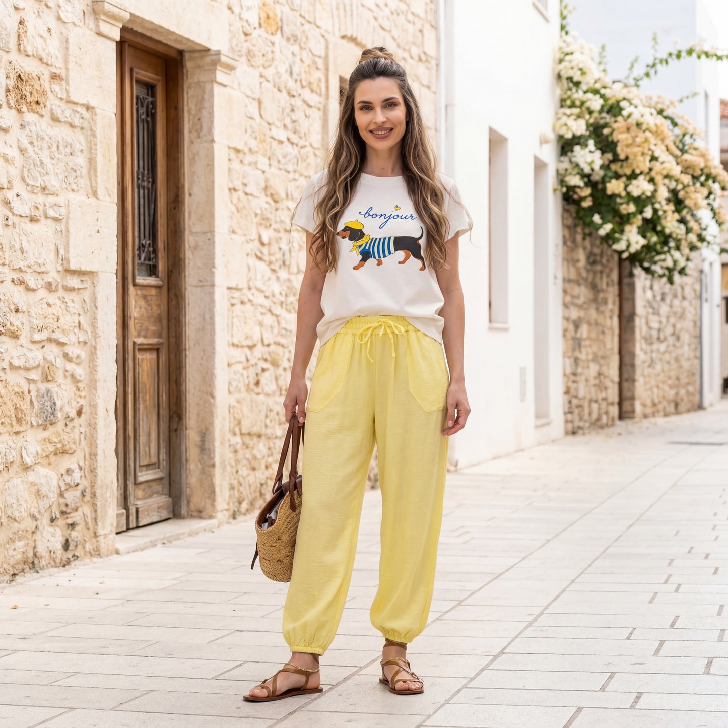casual summer outfit bonjour dachshund t shirt ivory marigiou