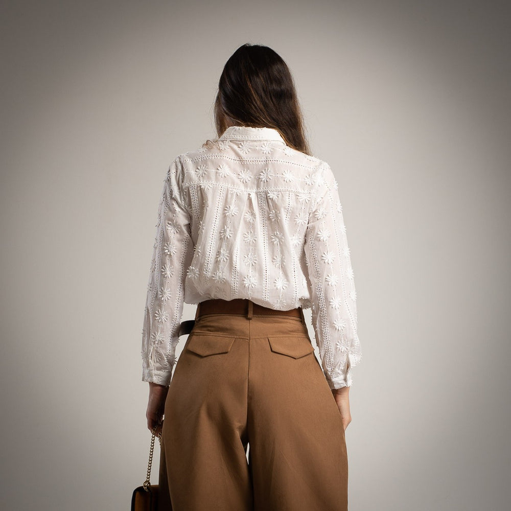 embroidered blouse back view cotton ivory elegant marigiou