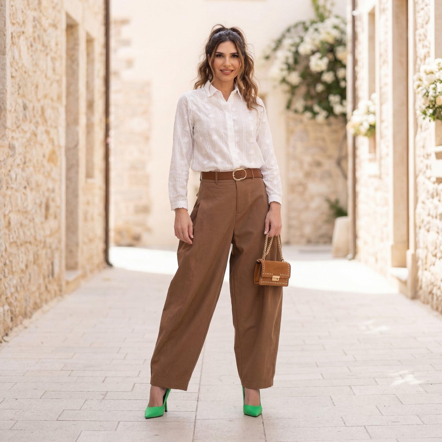 elegant outfit embroidered blouse ivory styled look marigiou