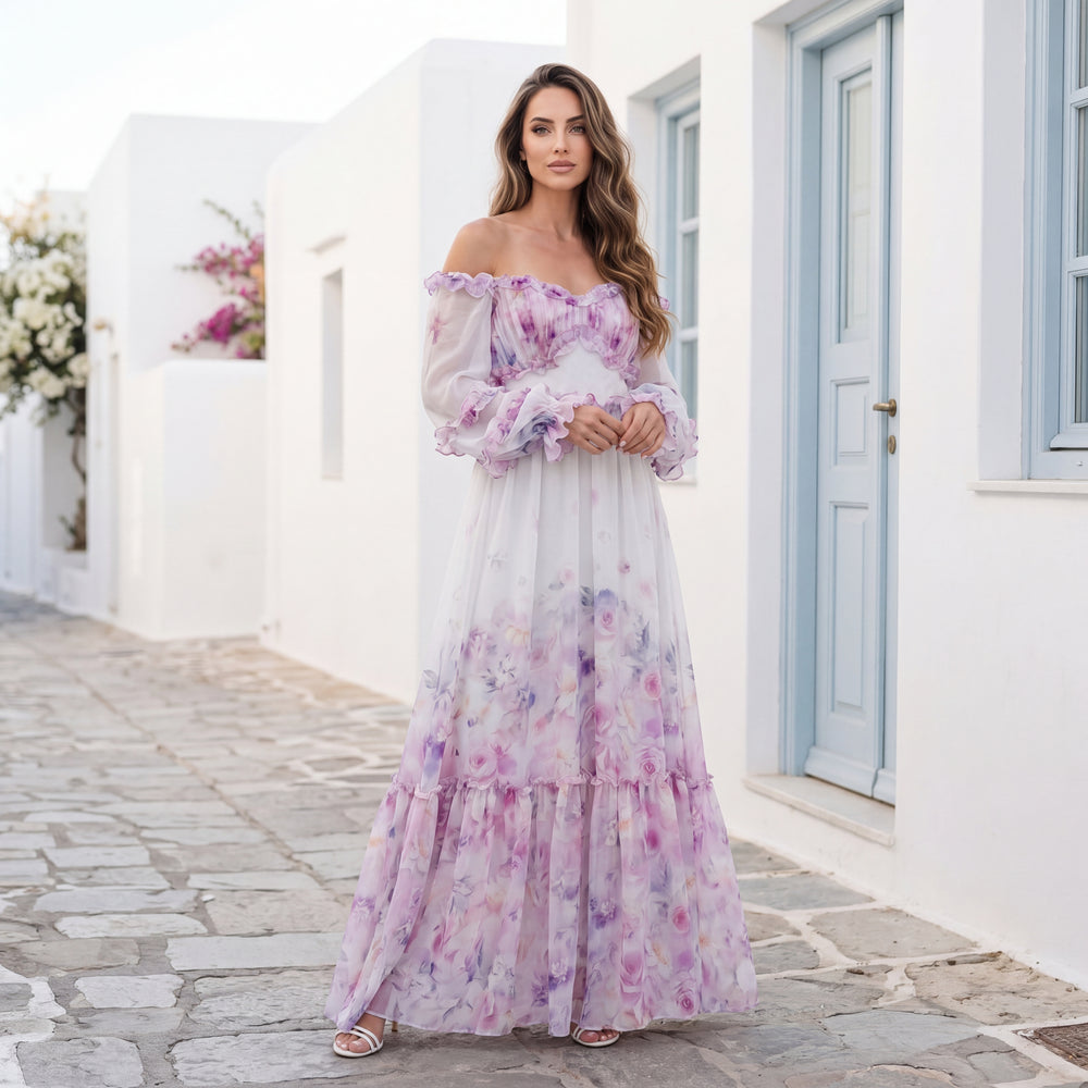 floral chiffon maxi dress off shoulder lavender blush marigiou