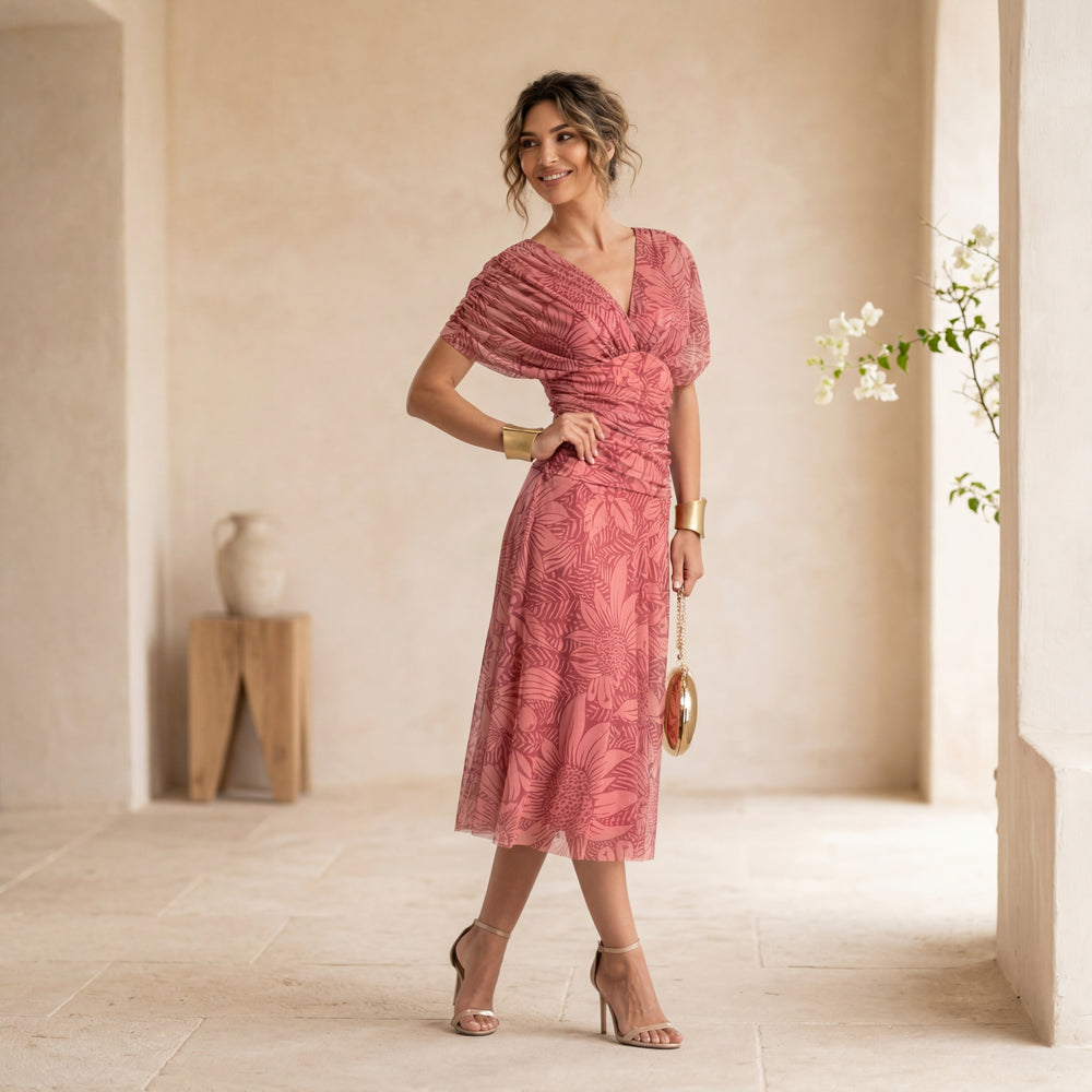 elegant floral midi dress dusty rose styled outfit heels marigiou
