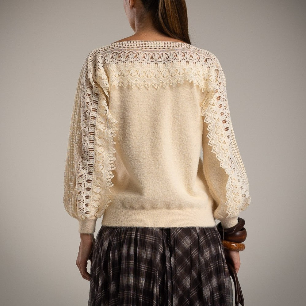 back view of cream fluffy lace sweater – MARIΓIOÚ