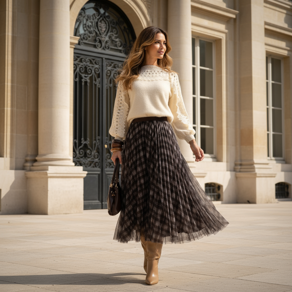 model wearing cream lace sweater with plaid midi skirt – MARIΓIOÚ