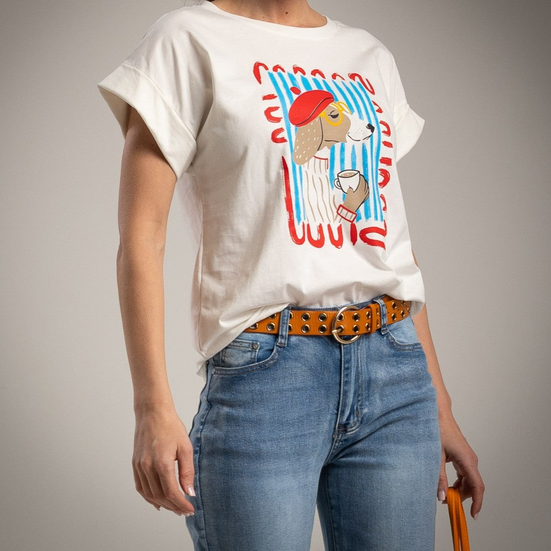 graphic dog print t shirt ivory relaxed fit cotton marigiou