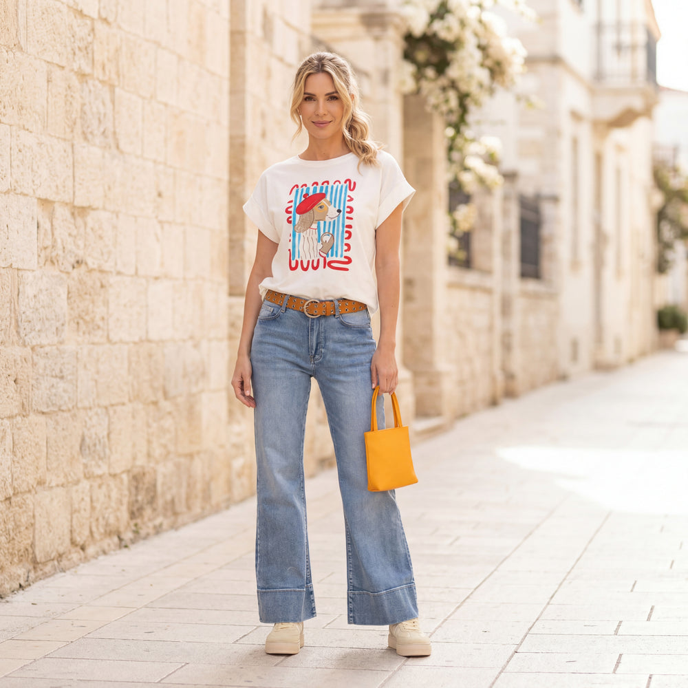 casual outfit graphic t shirt ivory styled look jeans marigiou