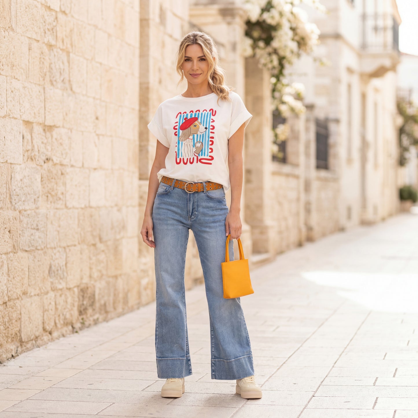 casual outfit graphic t shirt ivory styled look jeans marigiou