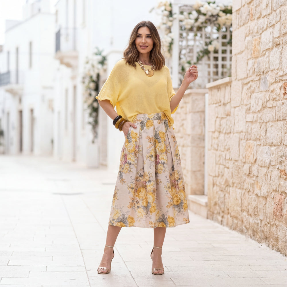summer outfit knit t shirt yellow floral skirt marigiou