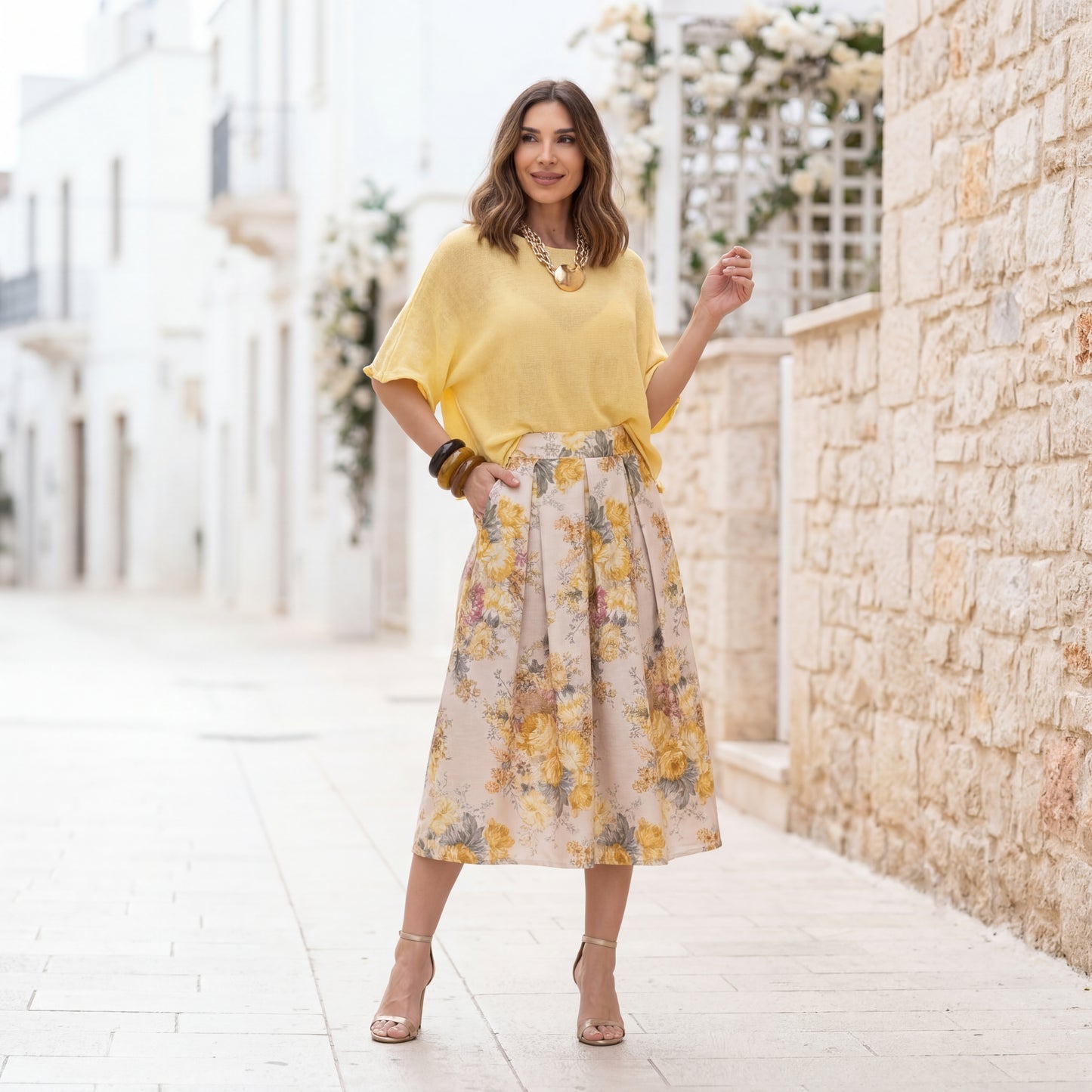 summer outfit knit t shirt yellow floral skirt marigiou