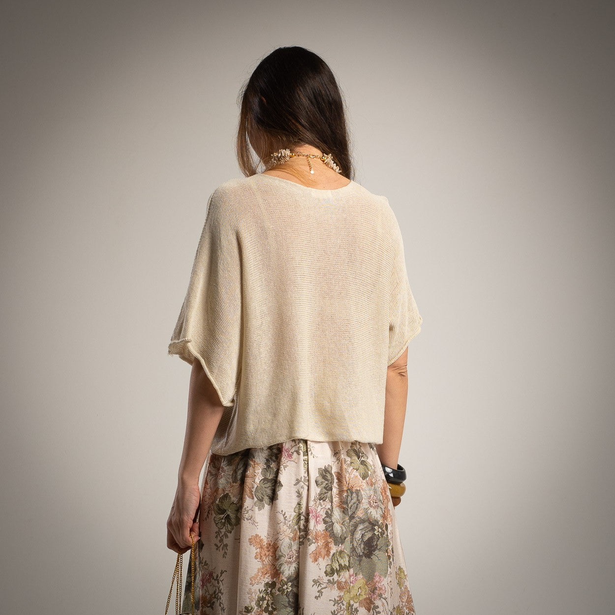 lightweight knit t shirt beige relaxed fit back view marigiou