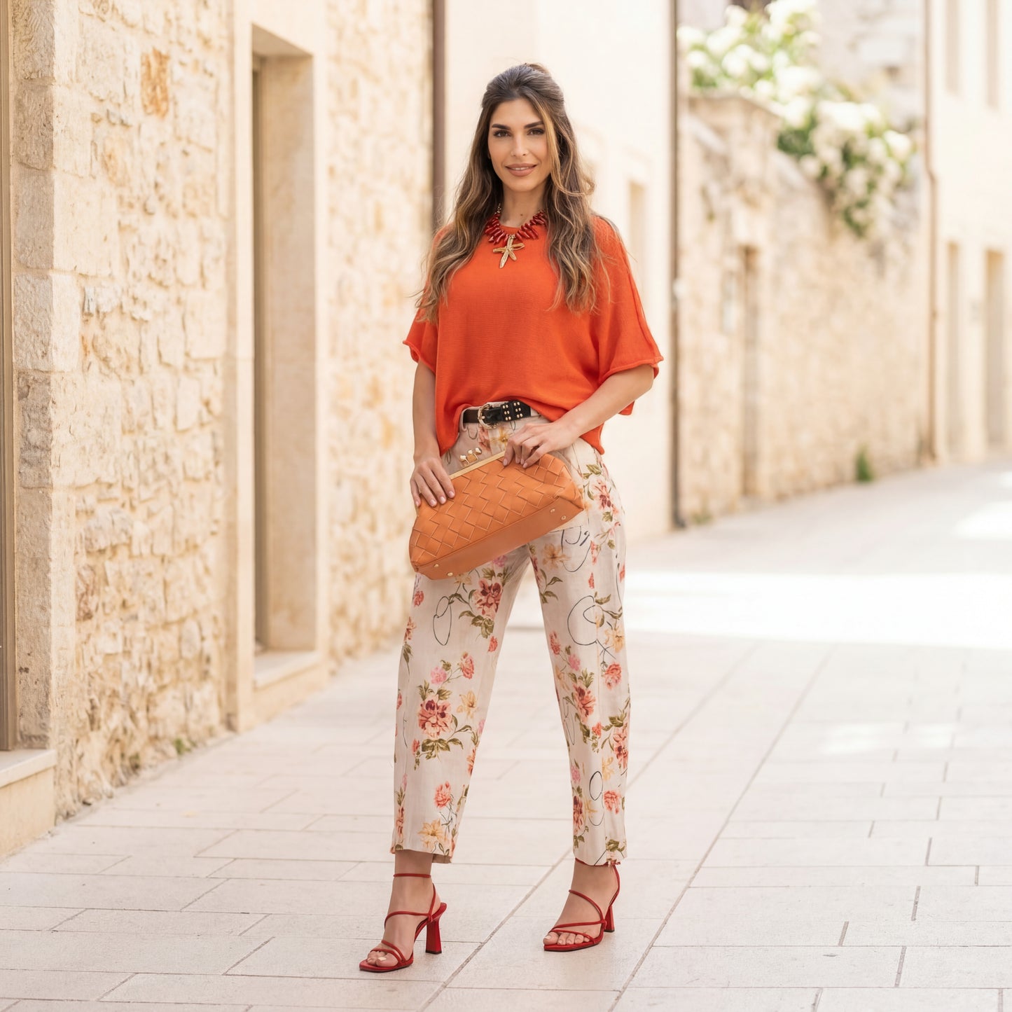 summer outfit knit t shirt orange floral pants marigiou