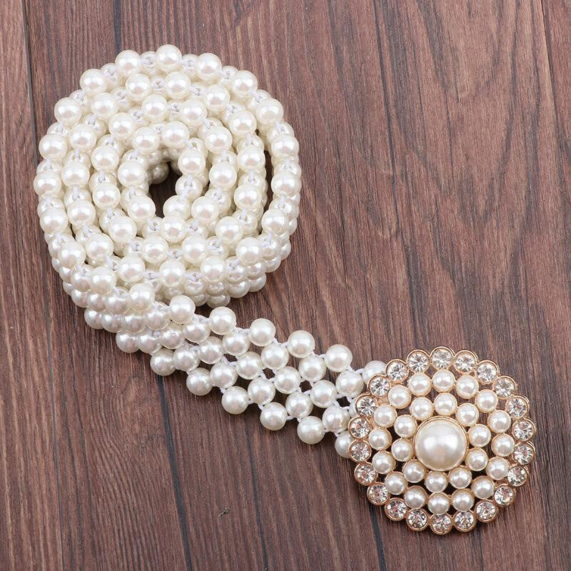 Elegant Marigiou Pearl Belt with Rhinestone Bucket Close Up