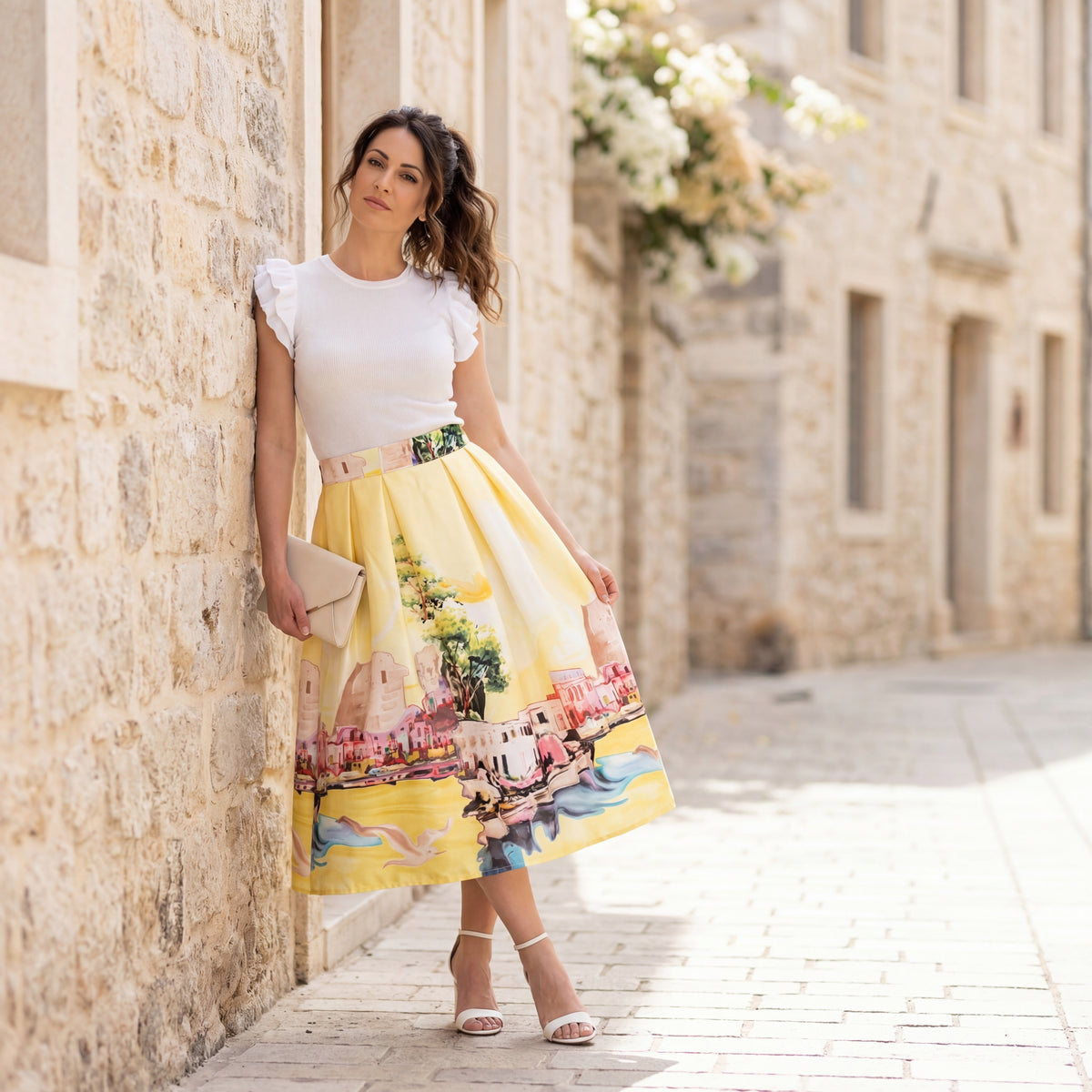 MARIΓIOÚ mediterranean harbor print midi skirt pastel yellow summer look