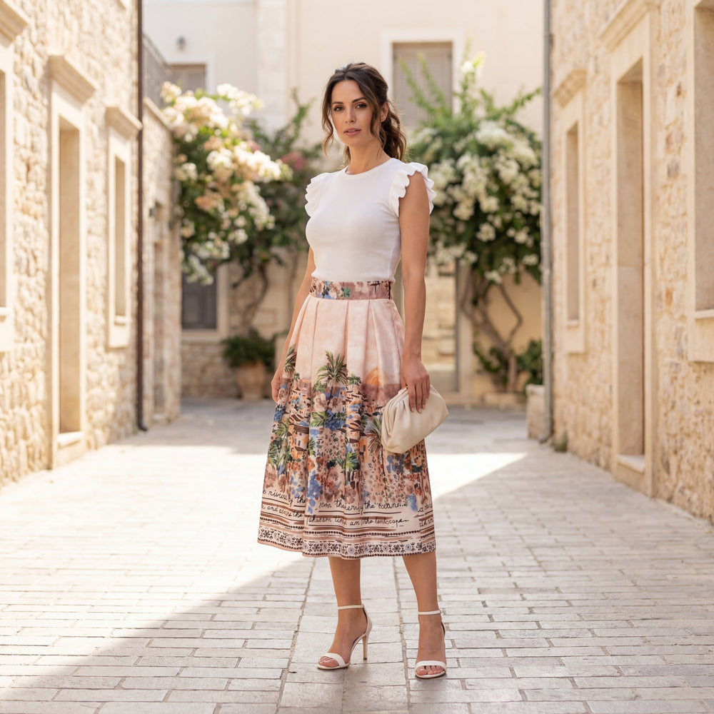 MARIΓIOÚ mediterranean island print midi skirt beige timeless holiday outfit