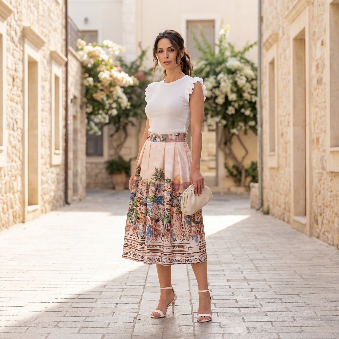 MARIΓIOÚ mediterranean island print midi skirt beige timeless holiday outfit