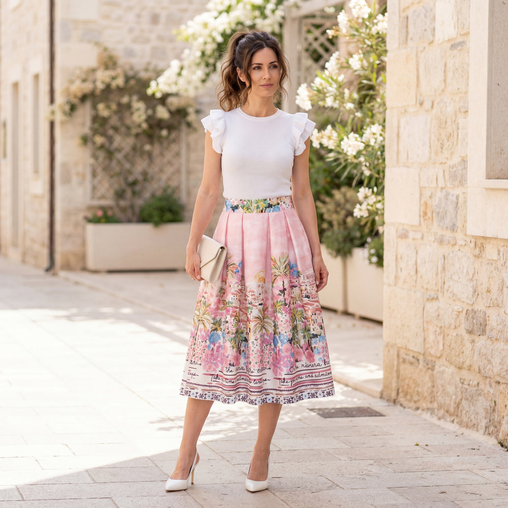 MARIΓIOÚ mediterranean island print midi skirt rose elegant mediterranean look