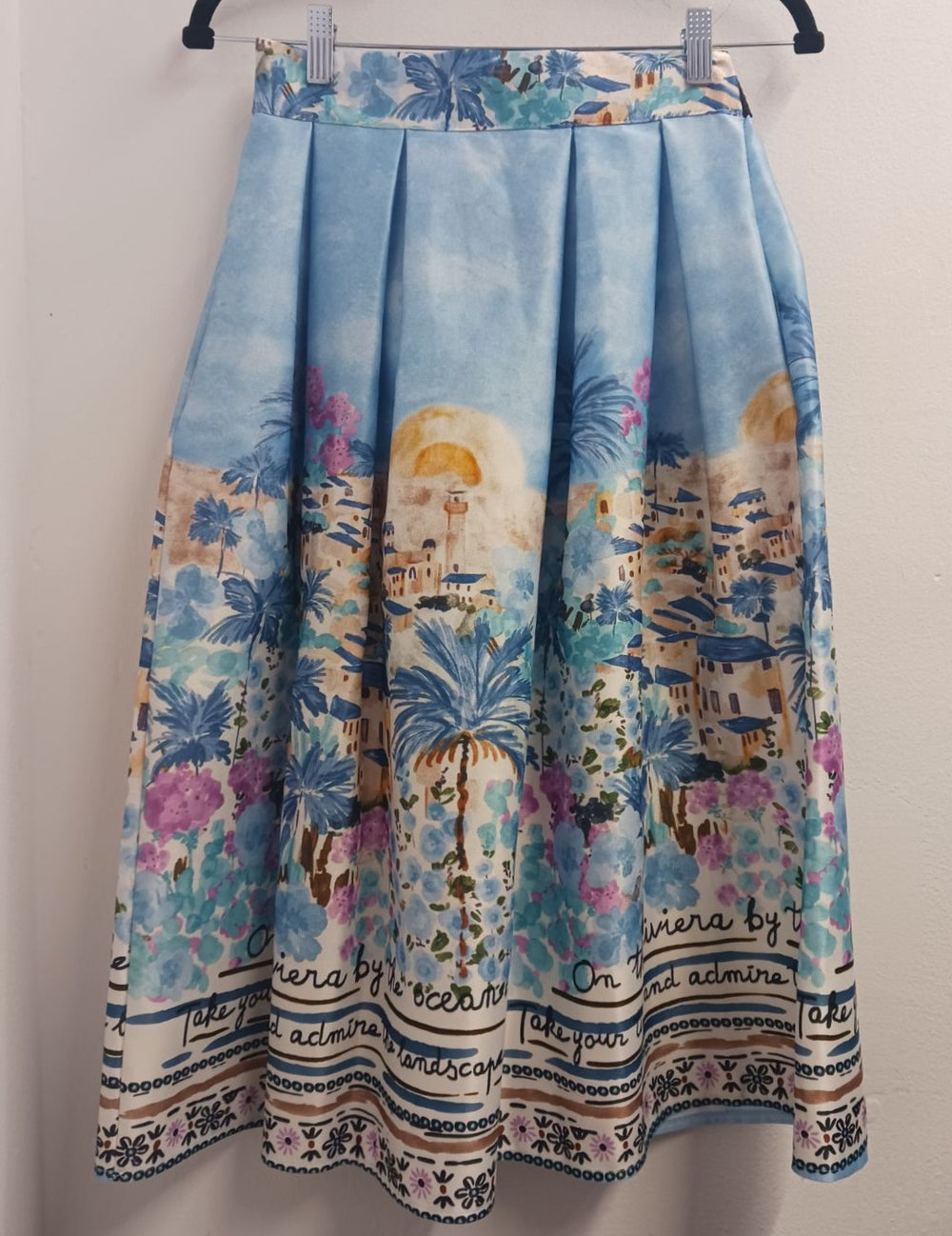 MARIΓIOÚ pastel blue mediterranean island print midi skirt front artistic print