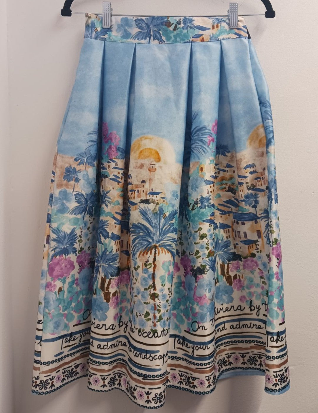 MARIΓIOÚ pastel blue mediterranean island print midi skirt front artistic print