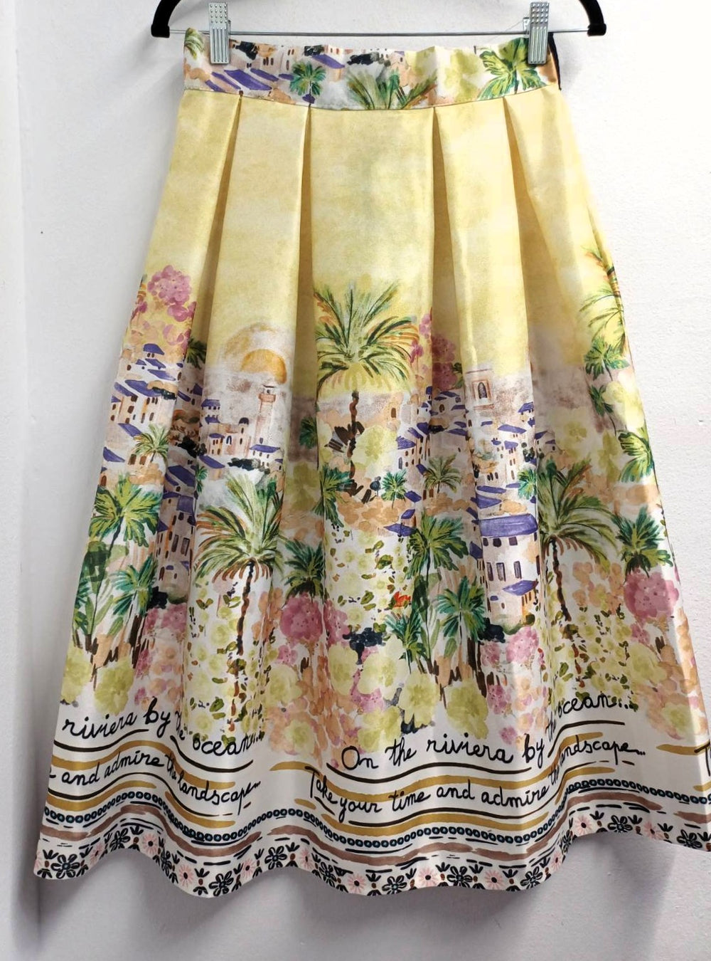 MARIΓIOÚ pastel yellow mediterranean island print midi skirt front view