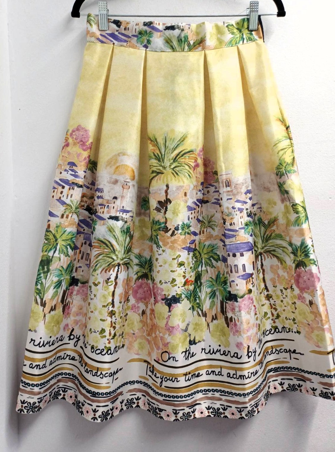 MARIΓIOÚ pastel yellow mediterranean island print midi skirt front view