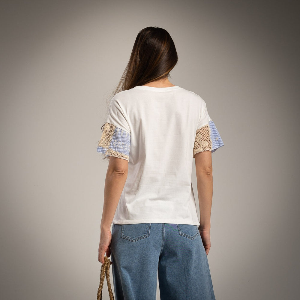 patchwork t shirt back view ivory relaxed fit marigiou
